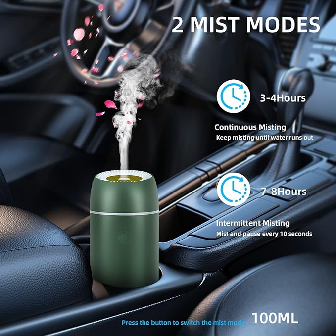 Car Diffuser for Essential Oils Portable Mini Ultrasonic Mist Humidifier 100ml USB Aromatherapy Diffuser Freshener with Colorful Lights for Small Space Home Office Bedroom (Green)