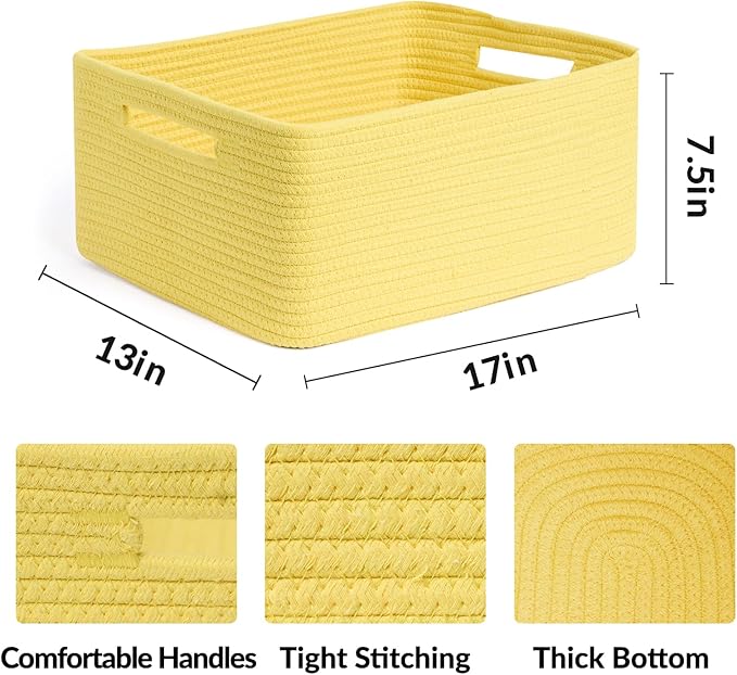 MiniArk Large Storage Baskets for Organizing, Closet Shelf Baskets for Clothes Blanket Towels, Baby Nursery, Toy Bins Box, Woven Rope Baskets, 17 x 13 x 7.5”, 4 Packs Yellow