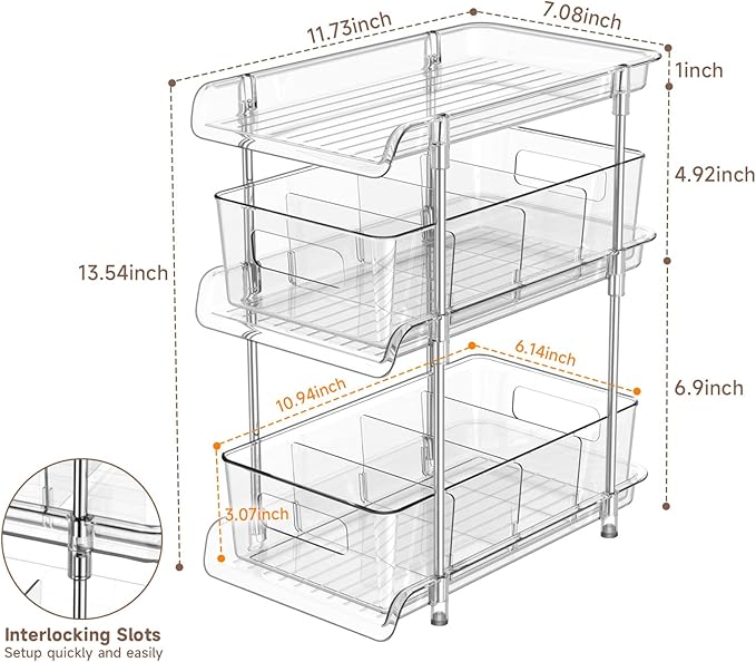 3 Tier Clear Bathroom Organizer with Dividers, Multi-Purpose Pull-Out Pantry Organization and Storage, Under Sink Closet Organizers and Storage, Vanity Skincare Cosmetic Organizer Medicine Bins