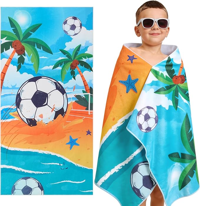 WERNNSAI Beach Towel for Kids, 30”x 60”Soccer Quick Dry Sand Free Kids Beach Towel for Boys Personalized Beach Towel Pool Camping Travel Towel Soft Beach Blanket Bath Shower Towel