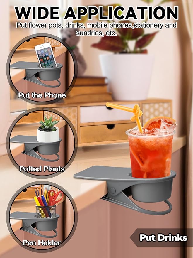 1PCS Drinking Cup Holder, Kalolary Desk Bottle Cup Stand DIY Glass Clamp Storage Saucer Clip Water Coffee Mug Holder Saucer Clip Design for Home & Office, Grey