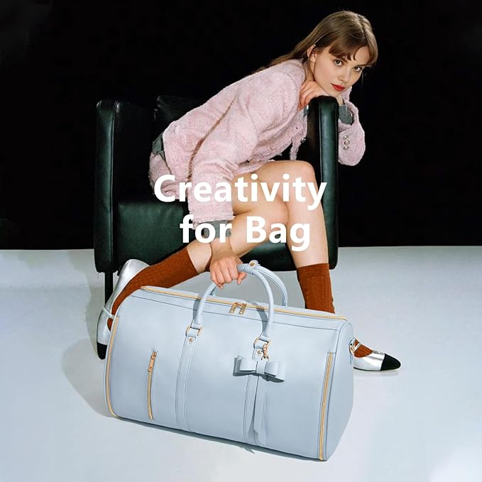 Travel Duffel Bag, Convertible Travel Garment Bag for Women, Fashion & Cute Carry On Duffle Bag w/Shoes Pouch, 2 in 1 Foldable PU Leather Hanging Duffle Bag, Single-Zipper Design, Blue