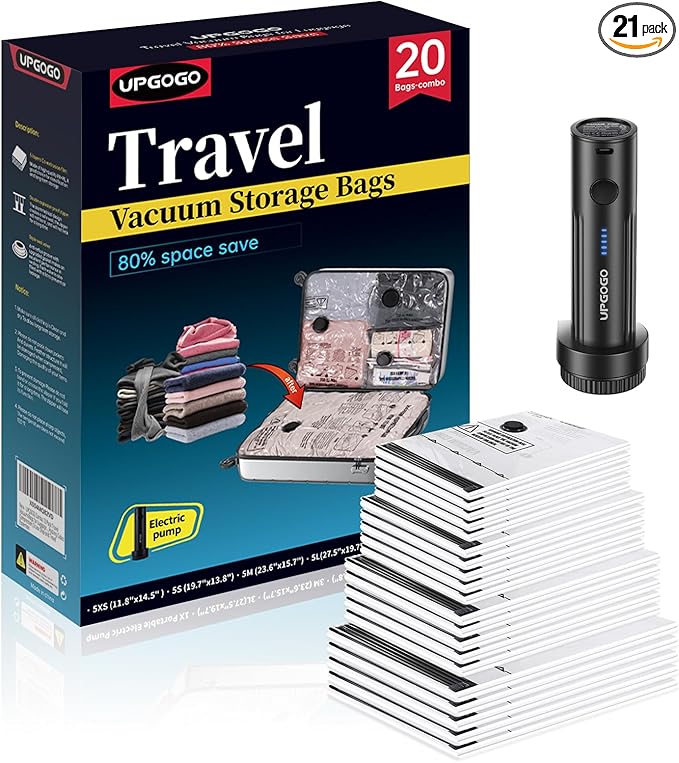 Combo 20 Pack Travel Vacuum Bags for Luggage with Portable Electric Pump,Vacuum Seal Bags for Clothing,Packing Cubes Compression,Cruise Ship and Travel Essentials