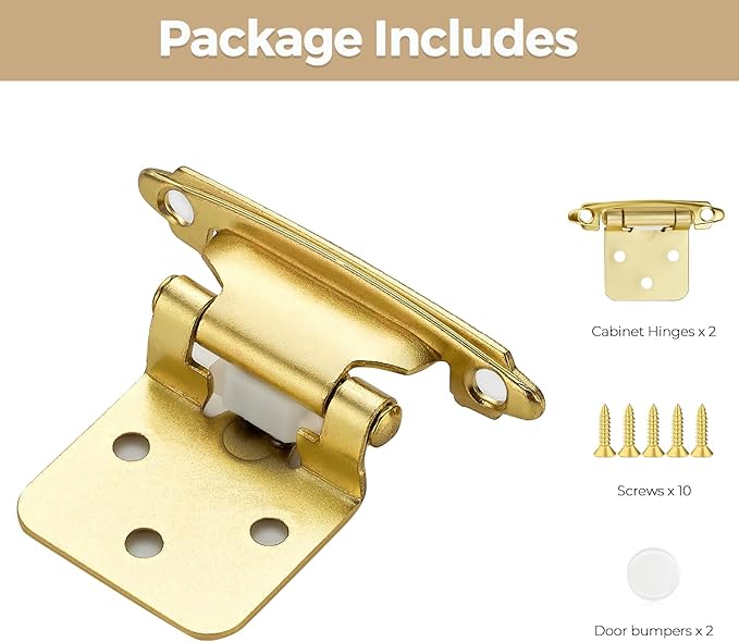 2 Pack 1 Pair Gold Cabinet Hinges - 1/2 inch Overlay Kitchen Cabinet Hinges, Semi-Concealed Hinges, Self Closing Cabinet Door Hinges with Door Bumper, Gold Face Mount Cabinet Hardware