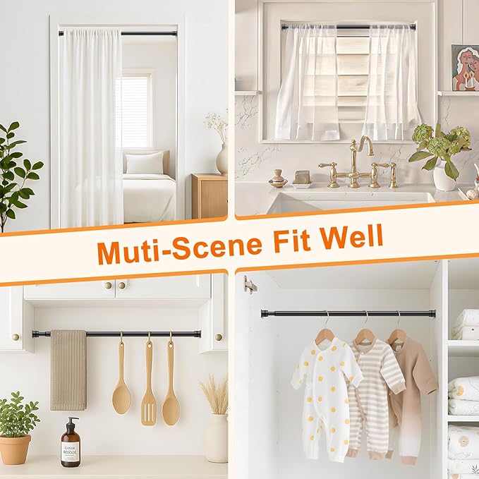 Tension Curtain Rod 26 to 48 Inch Adjustable Tension Rods 2 Pack Expandable Spring Tension Rod Black No Drilling for Closet Kitchen Cupboard Wardrobe Door Bookshelf DIY Projects