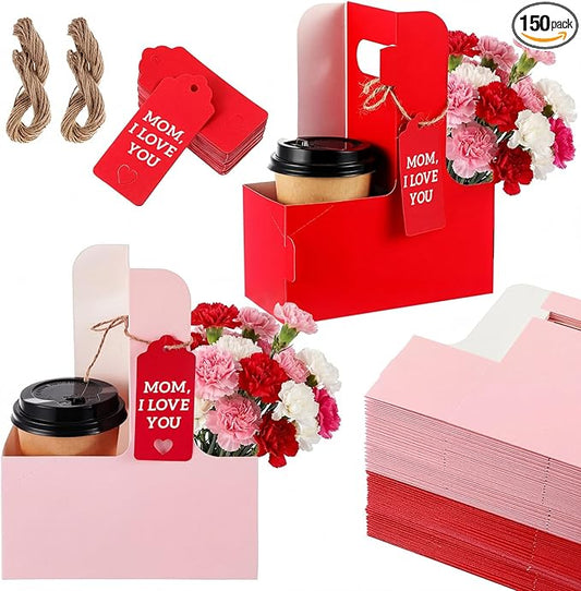 MotiMind 150 Pack Mother's Day 2 Cup Drink Carrier with Handle, Kraft Paperboard Teacher Cup Holder Portable for Hot Cold Drinks, Coffee Carrier Gift with Heart Card Rope (Red,Pink)