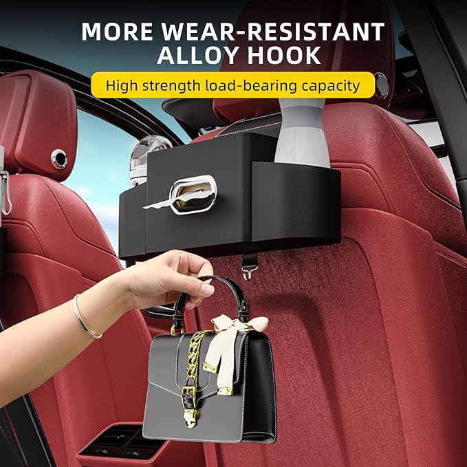 Car Back Seat Organizer with one towel， Multifunctional Car Back Seat Storage Box with 2 Drink Cup Holder Tissue Box for Hold Phone Drinks Handbag Compatible with Most Vehicles (Black)