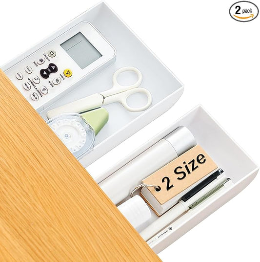 2 Packs Under Desk Drawers, Slide Out Drawer Attachment, Plastic Desk Accessories & Workspace Organizers, Self-Adhesive Hidden Desktop Pen Holder for Office School Home (White)