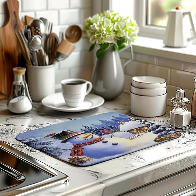 Winter Snowman Dish Drying Mat for Kitchen Counter 16x18 Snow Cardinals Pine Tree Christmas Drying Mats Microfiber Absorbent Dishes Pad Dish Drainer Rack Mats for Coffee Bar Sinks Kitchen Accessories