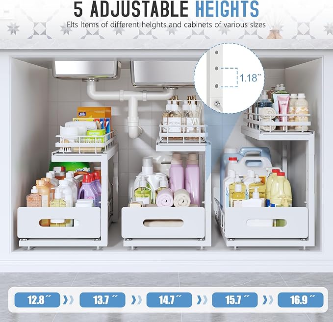 1 Pack 18 IN Depth Under Sink Organizer with Smooth Ball Bearing Slides, 2-Tier Pull Out Cabinet Storage, Slide Out Drawers for Bathroom & Kitchen, Rust-resistant Coating, Height Adjustable-White