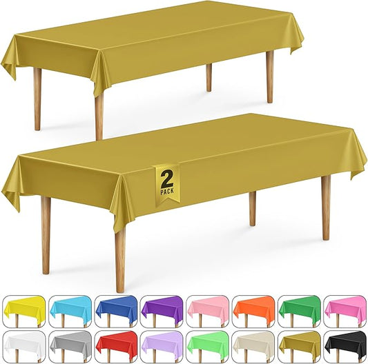 DecorRack 2 Rectangular Tablecloths BPA-Free Plastic, 54 x 108 inch, Dining Table Cloth, Rectangle Table Cover for Parties, Picnic, Camping and Outdoor, Disposable or Reusable, Gold (2 Pack)