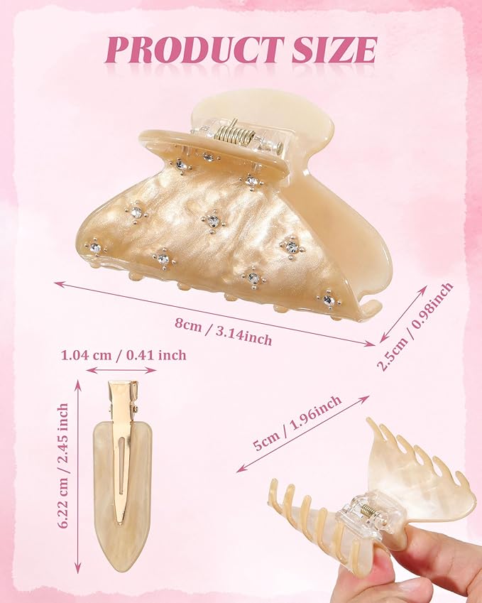 6PCS Acrylic Marbled Hair Claw Clips - Include No Bend No Crease Hair Clips and Medium Rhinestone Claw Clip, Cute Stylish Hair Accessories for Women Makeup, Strong Hold Non Slip for Thick Thin Hair