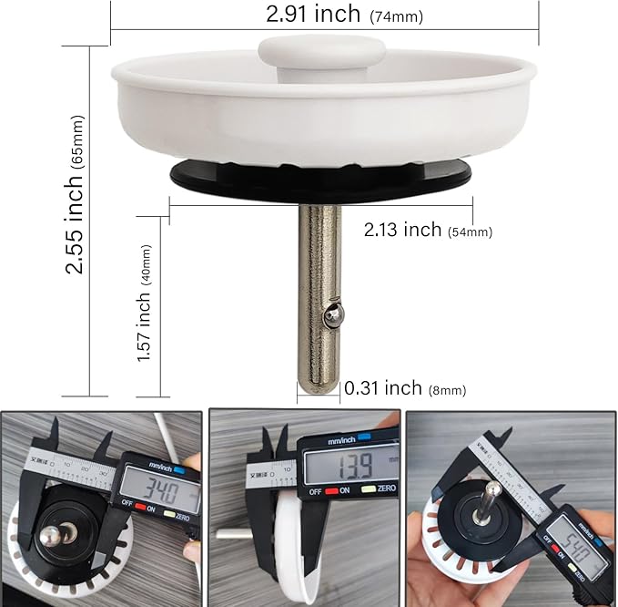 White Kitchen Sink Drain Basket Strainer Stopper Replacement for Polymer Sink Drain, TGEOND Brass Center Plug Removable Basket Drains