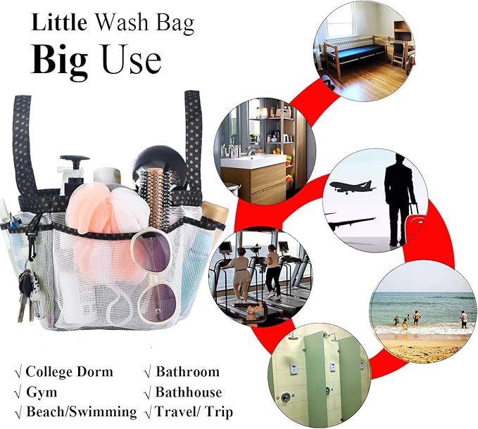 Haundry Mesh Shower Caddy Bag, Large College Dorm Bathroom Organizer with 8 Pockets, Hanging Portable Tote Bag for College Dorm Room Essentials, Beach, Swimming, Gym, Camping