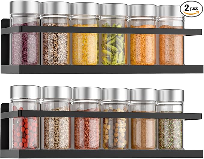 Magnetic Spice Rack for Refrigerator, Magnetic Fridge Shelf for Kitchen Spice Organizer, Spice Rack Wall Mount, Fridge Organizers and Storage (2, Black)