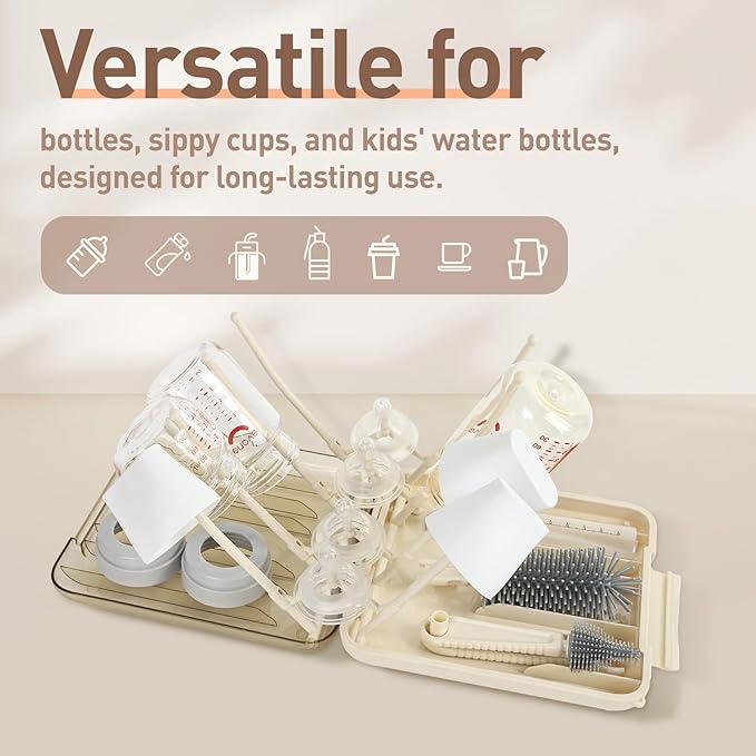 Baby Bottle Brush Set, 6-in-1 Travel Bottle Cleaning Kit with Silicone Bottle Brush, Nipple & Straw Brush, Soap Dispenser, Drying Rack, Storage Box – Compact Travel Baby Essential for Home & On-The-Go