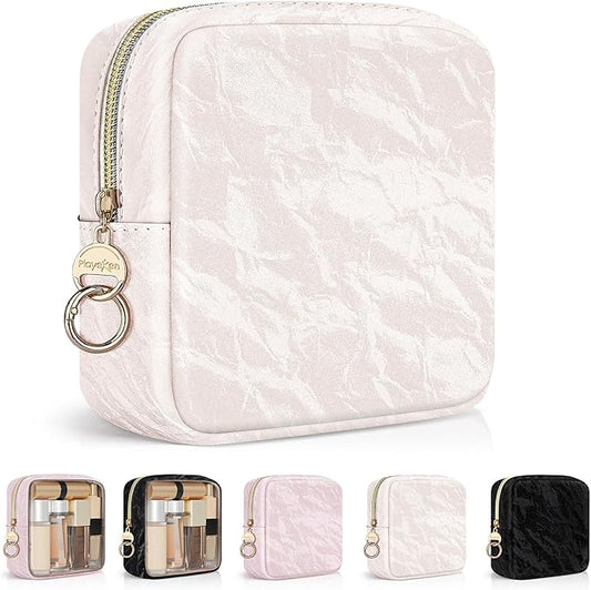 5.5" Small Makeup Bag for Purse, PU Leather Mini Cosmetics Bag with Ring Buckle, Portable Small Travel Makeup Pouch for Women, Birthday/Wedding/Christmas Gifts (Marble, Beige)