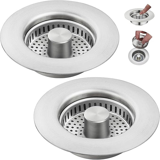 YYKBZ 3 in 1 Kitchen Sink Drain Strainer,Stainless Steel Sink Stopper,Pop Up Sink Plug Fast Drain Deodorizer Anti-Clog, Strainer for Kitchen Standard 3-1/2" Easy to Install（2pcs）