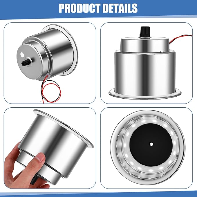 Yexiya 6 Pcs LED Cup Holder Marine Drink Holder Stainless Steel Cup Holders Insert with Drain for Boat Yacht Car Camper Truck RV(White)