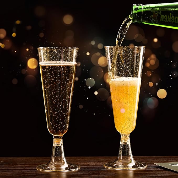 SUREHOME Champagne Flutes Plastic 40 Pcs Gold Glitter Champagne Glasses Disposable Mimosa Glasses Sparkle Clear Acrylic Wedding Toasting Cocktail Cups Bulk for Bridal Shower Birthday Party Supplies