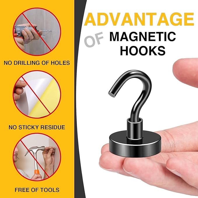DIYMAG Magnetic Hooks, 85 LB Black Heavy Duty Strong Magnet with Hook, Rare Earth Neodymium Magnets for Hanging, Magnetic Hanger for Curtain, Home, Kitchen, Workplace, 12 Packs