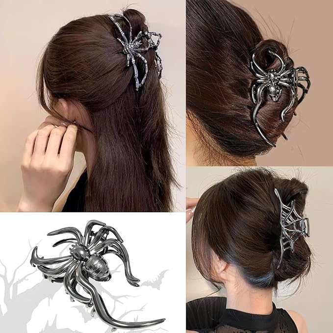 3 Pieces Large Metal Spider Net Hand Hair Claw Clips for Women and Girls Thick Long Hair, Nonslip Skeleton Spooky Barrette Headband Hair Styling Accessories for Halloween Christmas Gifts