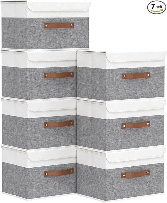Yawinhe Storage Boxes with Lids, Linen Fabric Bin, Cube Organizer Basket, Washable and Leather Handle, for Home, Closet, White/Grey, 15.0''Lx9.8''Wx9.8''H, 7-Pack, USNK024WGL-7