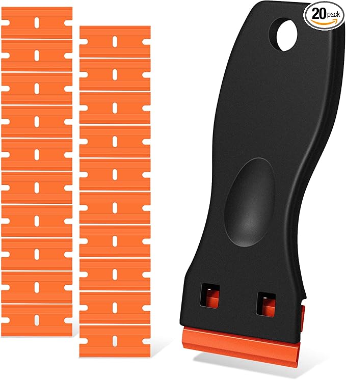 Plastic Razor Blade Scraper, Scraper Tool with 20 PCS Plastic Razor Blades for Removing Labels Adhesive Decals Sticker from Windows Glass (Black)