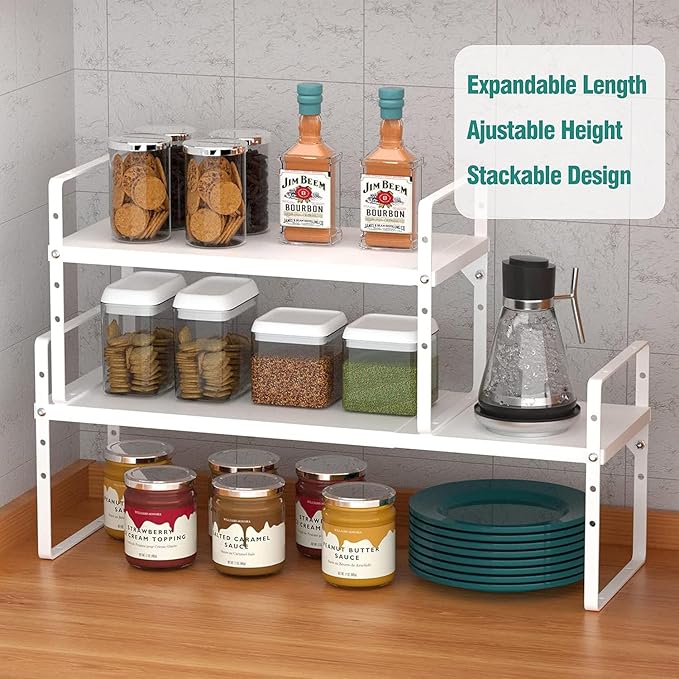 Expandable Cabinet Shelf Organizer Rack, Stackable Kitchen Counter Storage Shelves Stand, Adjustable Height Pantry Shelf Spice Rack, Heavy Duty Non-slip White Large 3-Pack