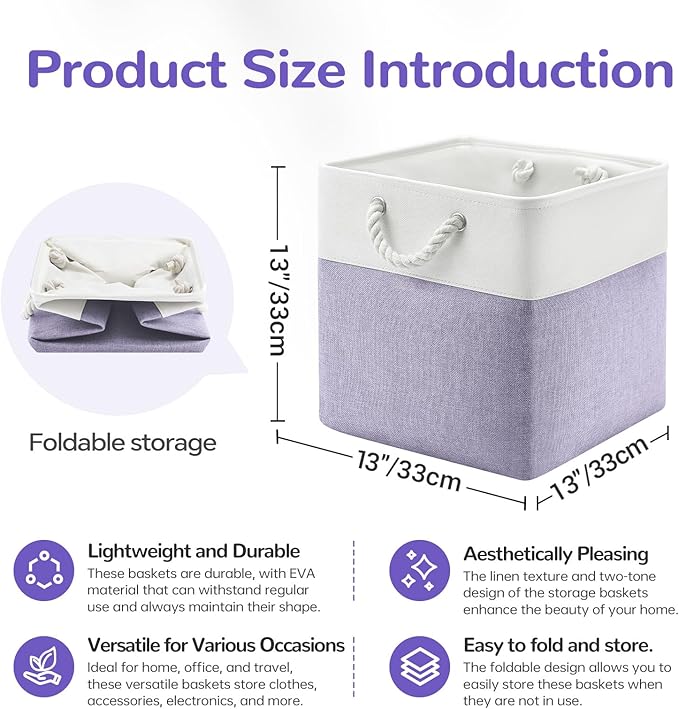 VQRTEXA 13 x 13 Inch Cube Storage Bins, 6 Pack Fabric Storage Basket with Handles, Foldable Boxes Organizer for Shelf Baskets for Home, Clothes (White/Purple)