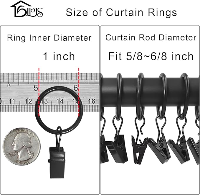 100 Pack Curtain Rings with Clips, Curtain Clip Rings Hooks, Bow Hanger Clips for Hanging Drapery Drapes Bows, Ring 1 inch Interior Diameter, Fits up to 5/8" Rod, Black
