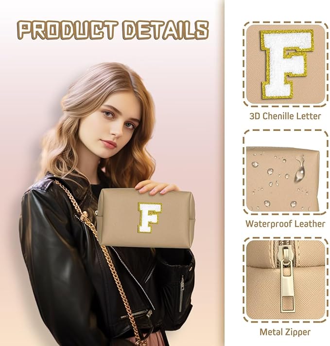 TOPEAST Monogrammed Gift for Women Girls, Personalized Initial Makeup Bags Cosmetic Bag with Zipper, Cute Makeup Pouch, PU Leather Waterproof Toiletry Bag, Preppy Gifts Stuff for Girl (Khaki E)