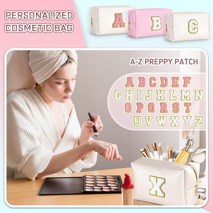 TOPEAST Monogrammed Gift for Women Girls, Personalized Initial Makeup Bags Cosmetic Bag with Zipper, Cute Makeup Pouch, PU Leather Waterproof Toiletry Bag, Preppy Gifts Stuff for Girl (White E)