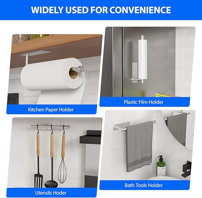 Paper Towel Holder Under Cabinet, Self-Adhesive,No Drilling, Stainless Steel, Wall-Mounted for Kitchen and Bathroom, Easy Install, Durable, Space-Saving, Ideal for Home, RV (Sliver, 1 Pack)