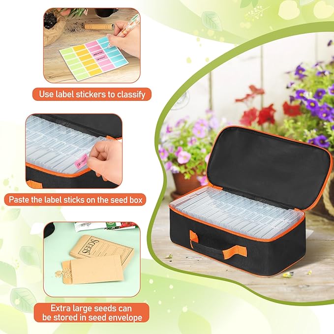 15 Slots Seed Storage Organizer Box with 20 Seed Envelopes, Large Capacity Seeds Storage Container with Zipper Bag Label Stickers, Seeds Saving Container for Garden Vegetable and Flower (Orange)