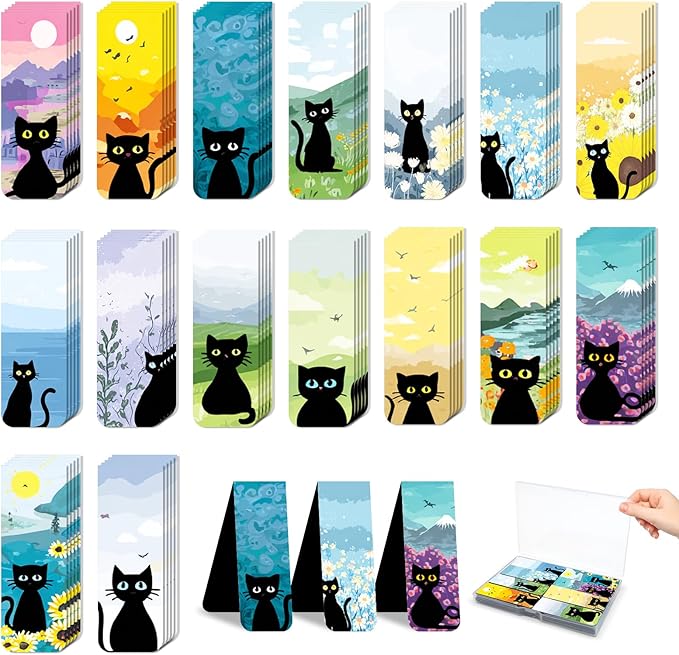 96 Pieces Magnetic Bookmarks Magnet Page Markers - Book Marks for Reading Women & Men with Storage Boxes - Gifts for Cat Lovers, Cute Magnet Bookmark Clips for Reading Pleasure (Cat Style A)