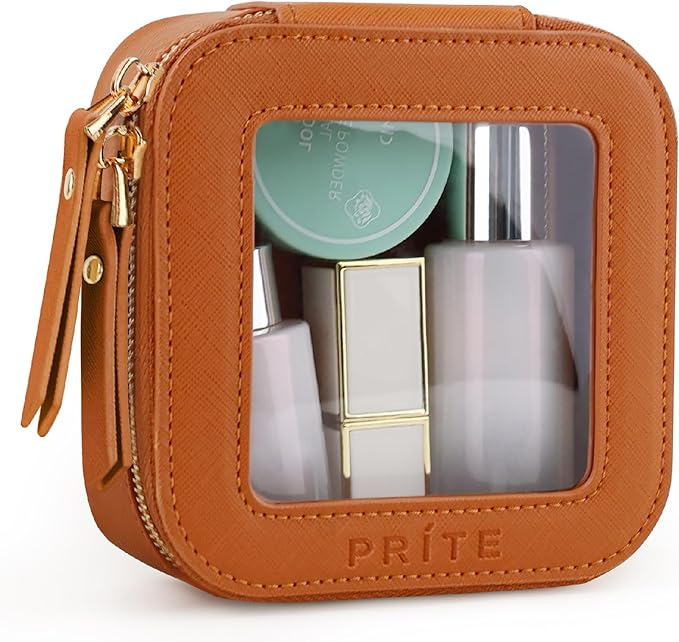 Prite Small Makeup Bag for Women Portable Clear Makeup Bag Cute Mini Waterproof Travel Cosmetic Bag with Gold Zipper for Car Essentials(Brown)