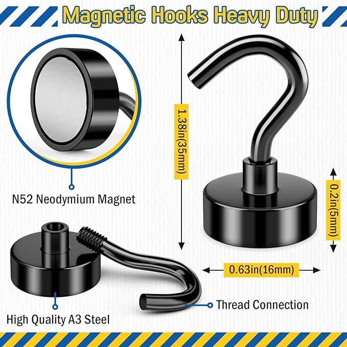FINDMAG Black Magnetic Hooks, 30lbs Heavy Duty Magnets with Hooks, Strong Cruise Magnets, N52 Neodymium Magnetic Hooks for Cruise Cabins, Travel, Classroom, Office, Kitchen, Fridge, Grill, Pack of 16
