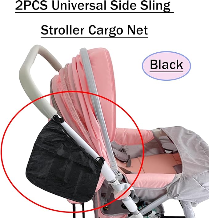 2PCS Universal Side Sling Stroller Cargo Net,Portable Storage Mesh Bag,Stroller Storage Organizer Bag,Non-Slip and Adjustable Straps Side Sling Mesh Organizer(Black)