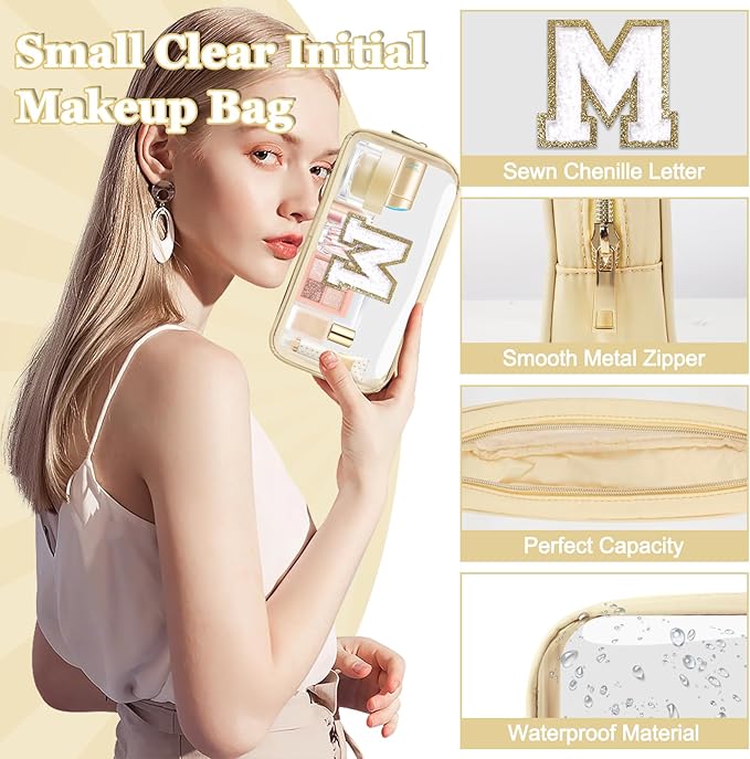 Small Clear Personalized Initial Makeup Bag,Nylon Preppy A-Z Chenille Letter Patch Cosmetic Pouch Beach Toiletry Bag,Waterproof Zipper Travel Purse Storage Bag Organizer for Women Girls(Beige-White M)