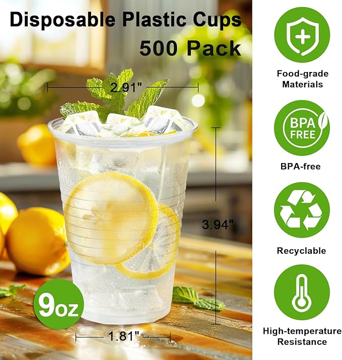 Lamosi 500 Count 9 oz Clear Plastic Cups, 9 Ounce Disposable Cold Drinking Cups for Party, Wedding, Travel, Christmas, Events