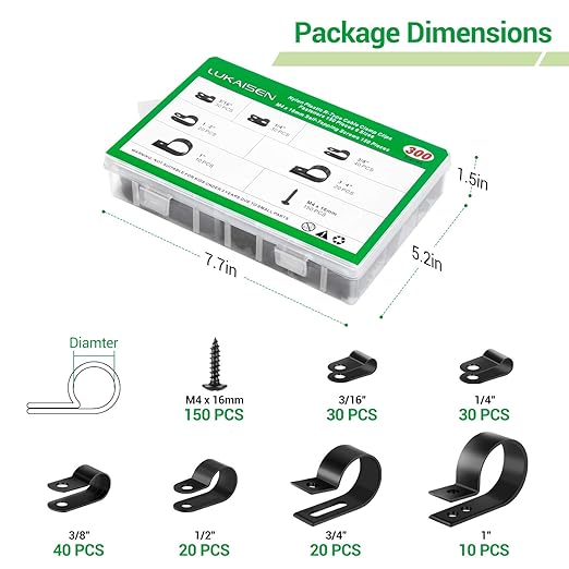 Cable Clips for Cable Management Cord Organizer, 6 Sizes 300 PCS Nylon R-Type, 3/16'' 1/4'' 3/8'' 1/2'' 3/4'' 1'' Black Plastic Screw Mounting Cord Fastener Clamp Assortment Kit with M4 Screws