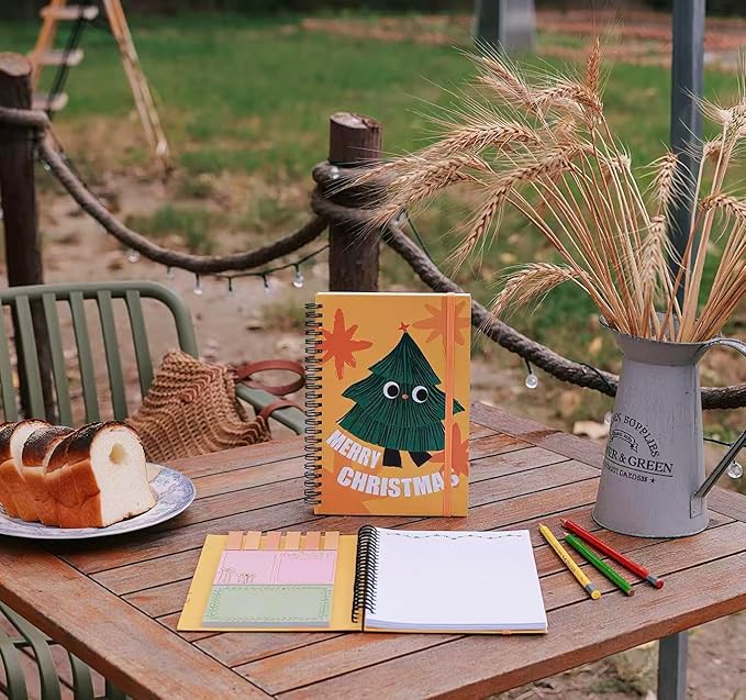 A5 Spiral Sticky Notebook,with 9 pads of decorated sticky notes and a handy notebook,Chrismas Note Pads Teacher Appreciation Gift XMS Gift Writing Memo Pads School Office Supplies and Daily Life Organization (Cedar)