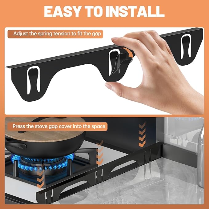 Stove Gap Covers 316 Stainless Steel,2 Pack 23.2" Fixed Stove Gap Filler,Heat Resistant Stove Gap Guards,Between Stove and Counter Slide In Range Trim Kit for Kitchen,Upgrade Shiny Black