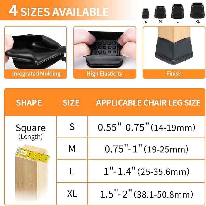 Ezprotekt 24 Pcs Chair Sliders for Carpet, Square Chair Glides for Carpet, Teflon Furniture Pads for Carpet, Chair Leg Protectors Caps for Carpet for Dining Table Chair, Black M (Fit: 0.75"-1")