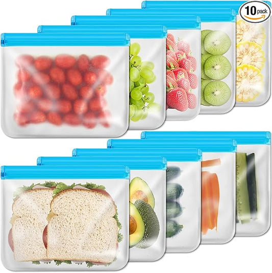 10 Pack Reusable Sandwich Bags, Dishwasher Safe Freezer Bags, BPA Free & Leakproof Reusable Lunch Bag for Salad Fruit Travel and Marinate Meats, Cereal, Lunch, Veggies(Blue Sandwich)