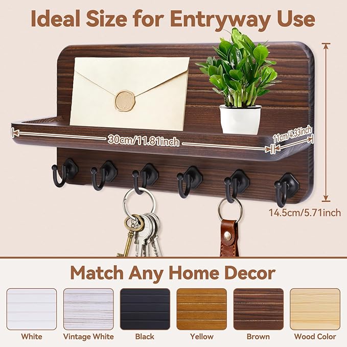 Key Holder for Wall, Mail Organizer Wall Mount with 6 Hooks Wooden Hanging Key Rack for Home Decor, Hallway, Entryway (Brown)