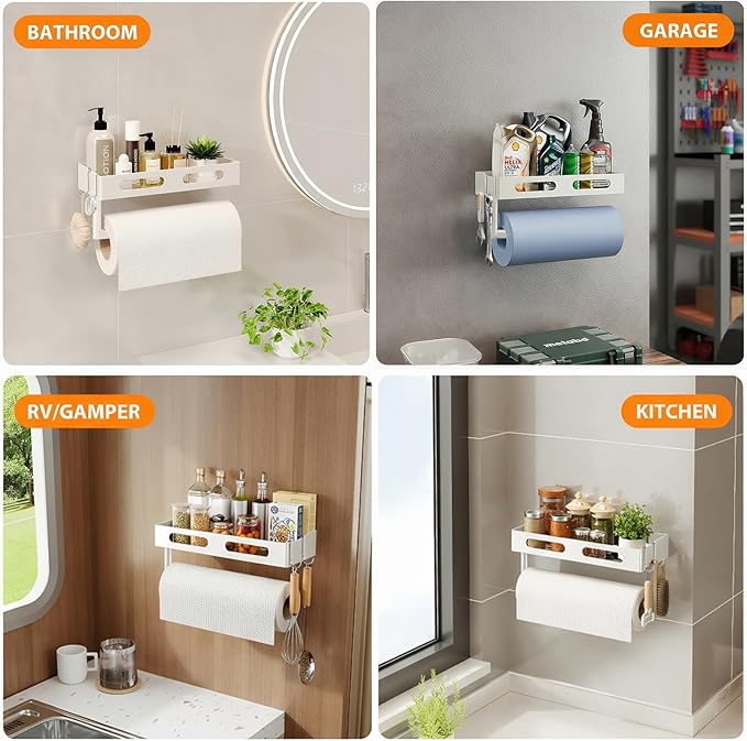 Paper Towel Holder Wall Mount for Kitchen, Paper Towel Holder with Shelf for Bathroom, RV Paper Towel Rack with 2 Hooks, White