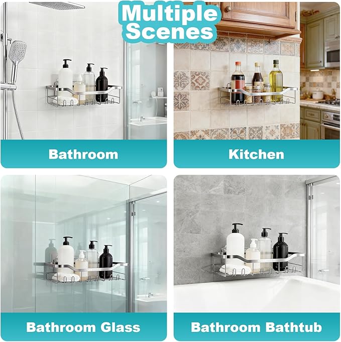 Shower Caddy with Hooks,Shower Shelf - 304 Stainless Steel Shower Rack,Anticorrosive,Rust-proof,Waterproof Bathroom Shelvs Storage and Organization - White Silver Shower Shelves