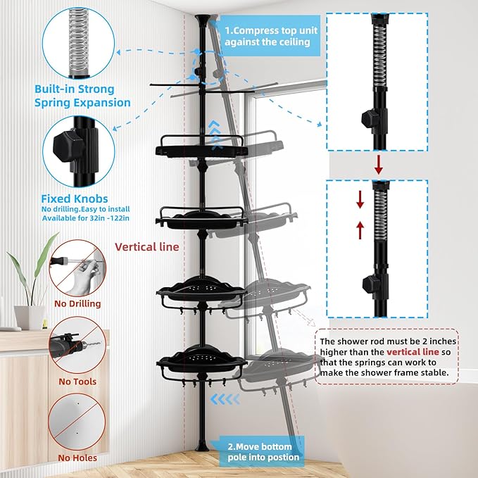 XLHOMO 32-122inch Corner Shower Caddy Tension Pole with Shower Curtain, Rustproof Drill-Free Adjustable Shower Shelves for Bathroom Bathtub Washbasin, with 4 Tier Patent Stable Shelves & Towel Bars